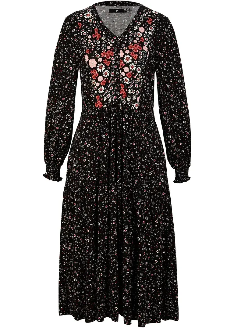 bonprix Jersey Midi-Kleid mit Bischofsärmeln aus Viskose - schwarz