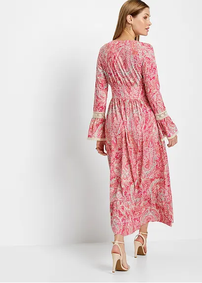 Bonprix Jerseykleid In Lang Mit Häkeleinsätzen - Pink - Damen