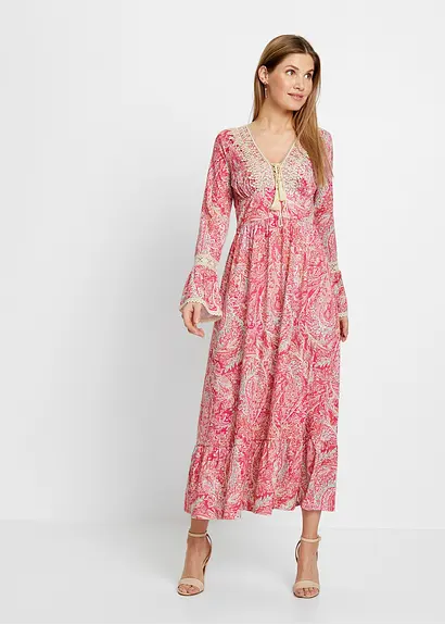 Bonprix Jerseykleid In Lang Mit Häkeleinsätzen - Pink - Damen