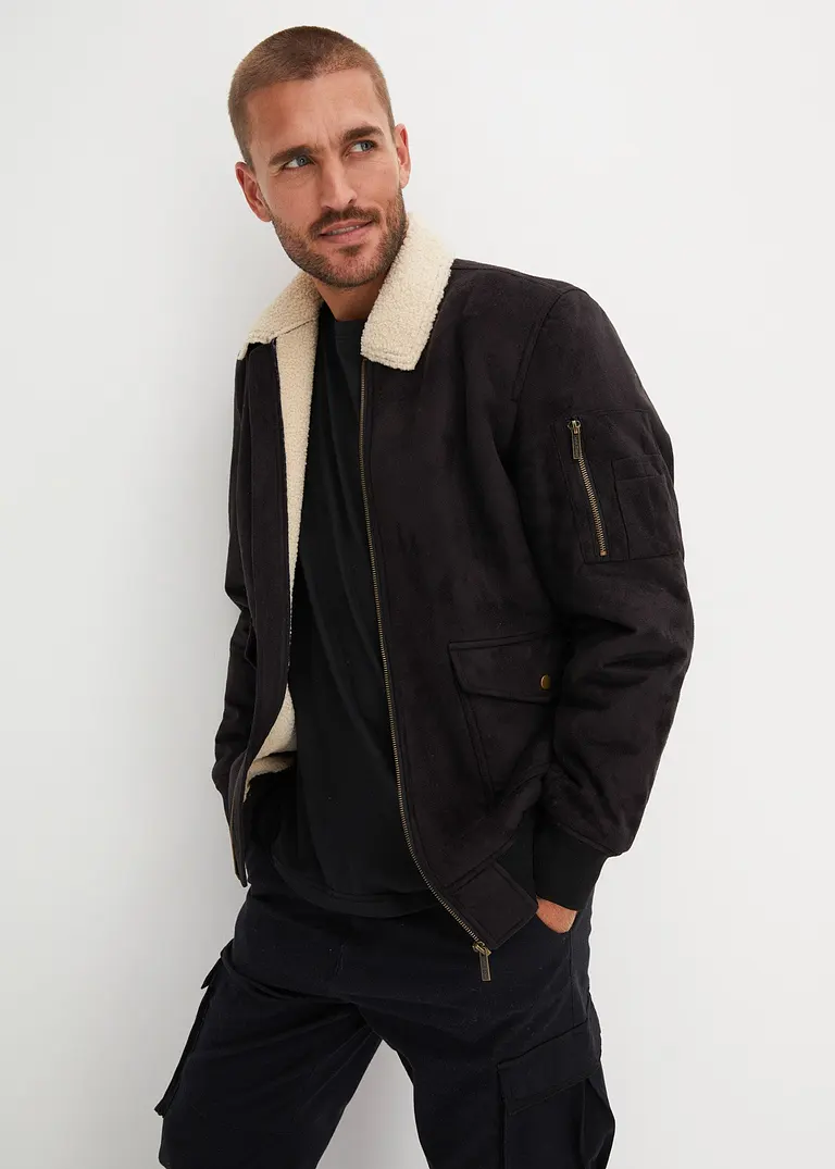 Bonprix Kernige Jacke In Wildlederoptik Mit Teddyfutter - Schwarz