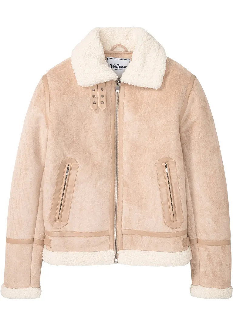 bonprix Kernige Lederimitat-Bomberjacke mit Teddyfutter - beige