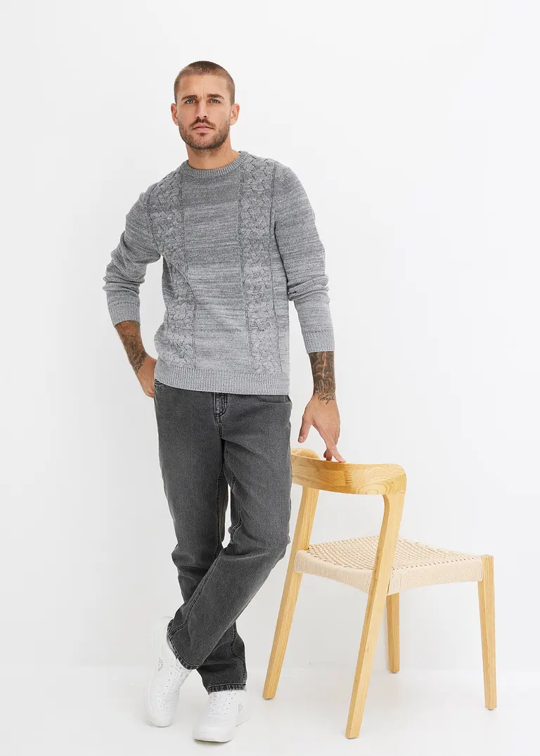 Bonprix Kerniger Farbverlauf-Strickpulli Mit Zopfmuster - Grau