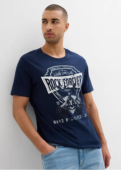 Bonprix Kerniges T-Shirt Aus Reiner Baumwolle - Blau - Herren