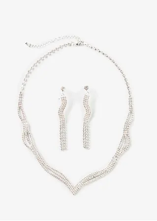 bonprix Kette + Ohrstecker mit Glitzersteinen - silberfarben