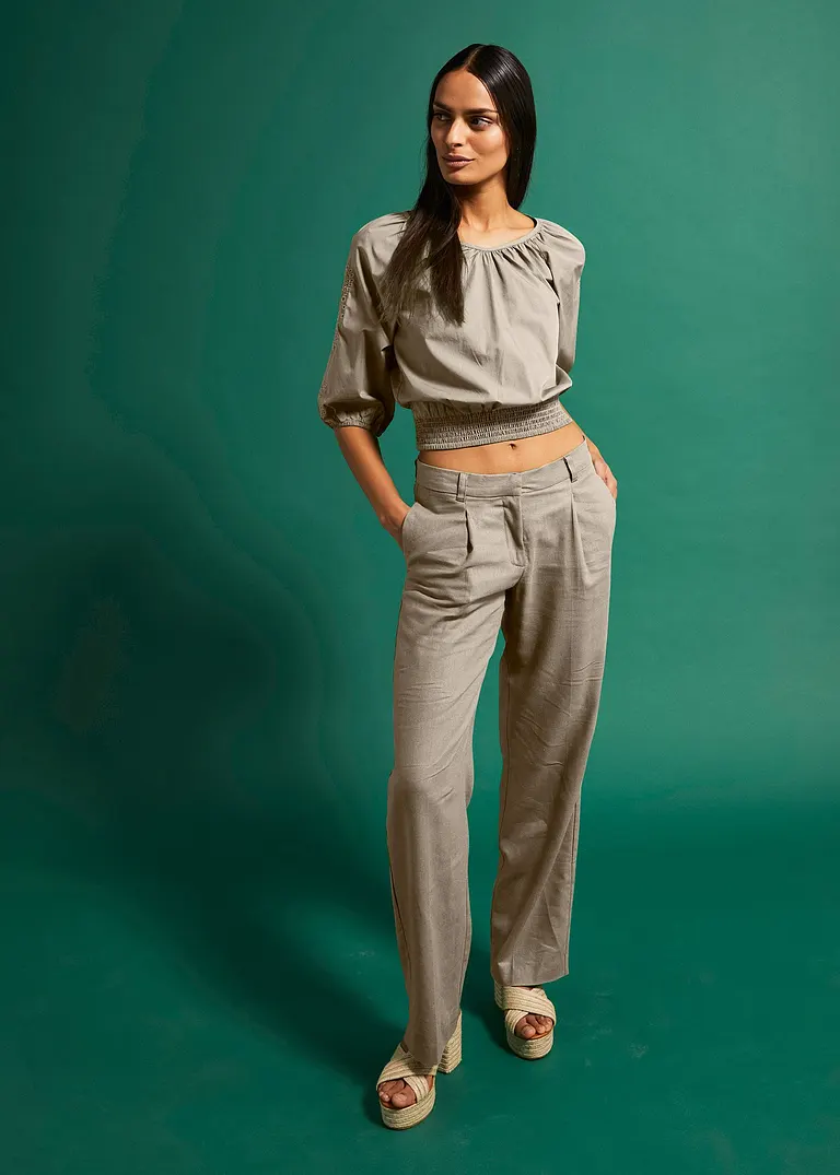 Bonprix Klassische Hose Mit Weitem Bein Und Bügelfalte Vorne - Beige