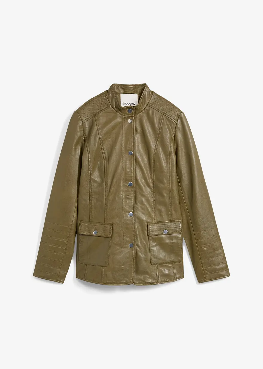 bonprix Klassische Lederjacke mit Stehkragen und aufwändigen Details