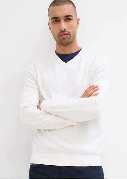 Bonprix Klassischer Herren Feinstrickpullover Mit V-Ausschnitt - Weiß