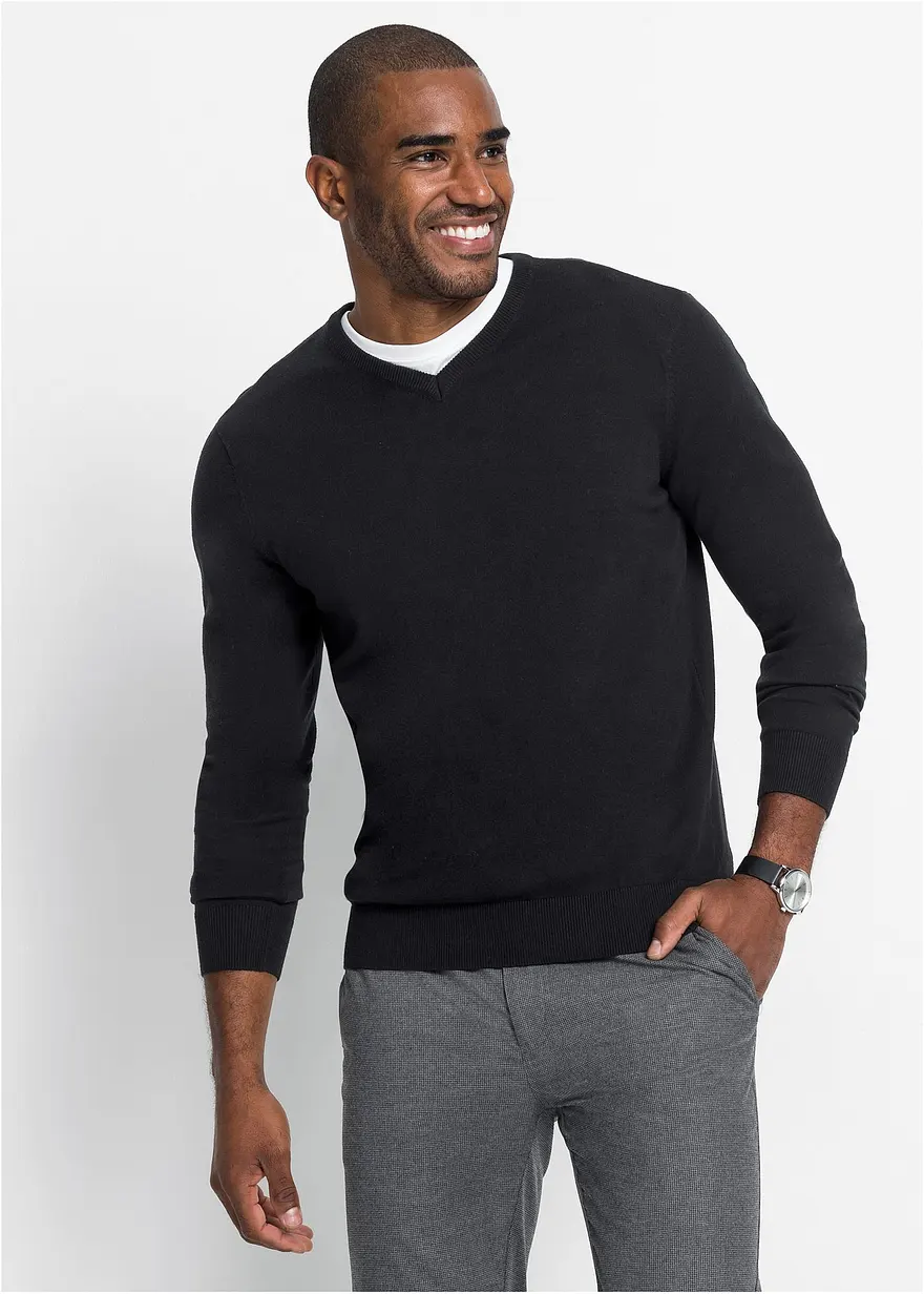 Bonprix Klassischer Herren Feinstrickpullover Mit V-Ausschnitt - Schwarz