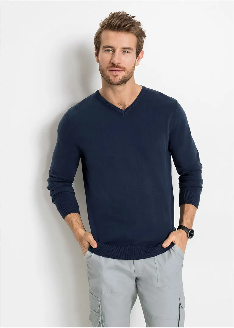 Bonprix Klassischer Herren Feinstrickpullover Mit V-Ausschnitt - Blau