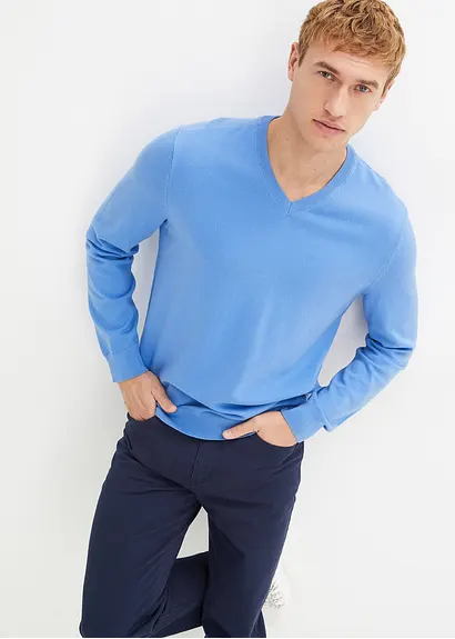 Bonprix Klassischer Herren Feinstrickpullover Mit V-Ausschnitt - Blau