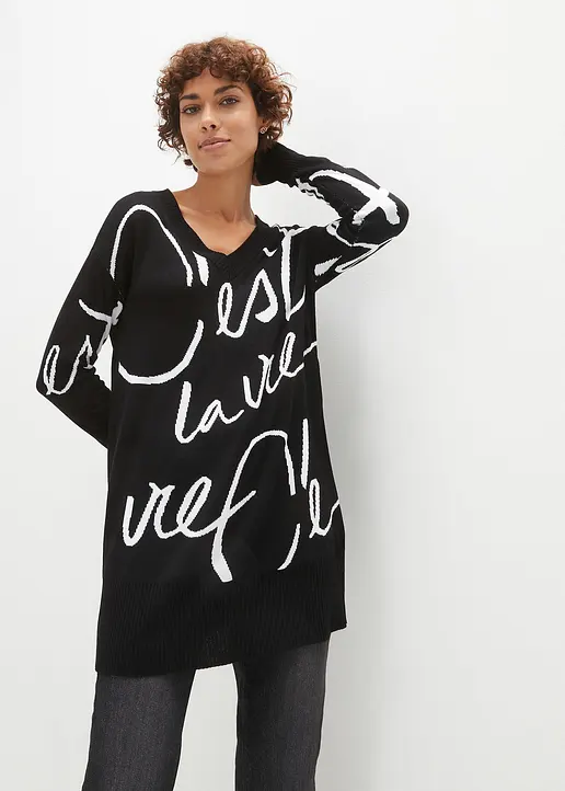 Bonprix Klassischer Pullover Mit Modischen Schriftzug - Schwarz