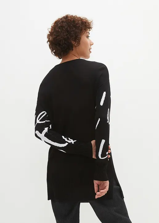 Bonprix Klassischer Pullover Mit Modischen Schriftzug - Schwarz