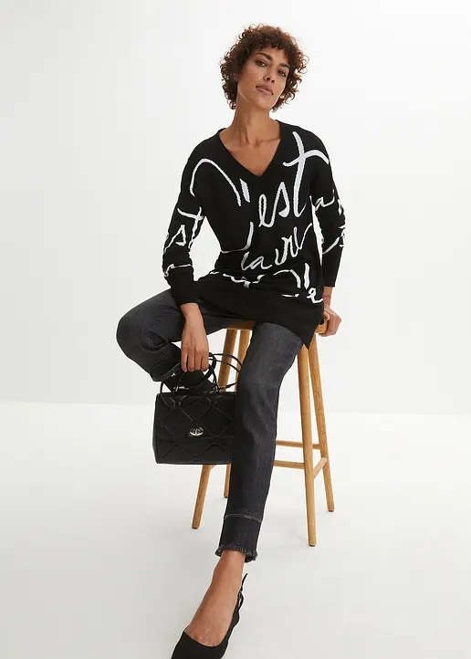 Bonprix Klassischer Pullover Mit Modischen Schriftzug - Schwarz
