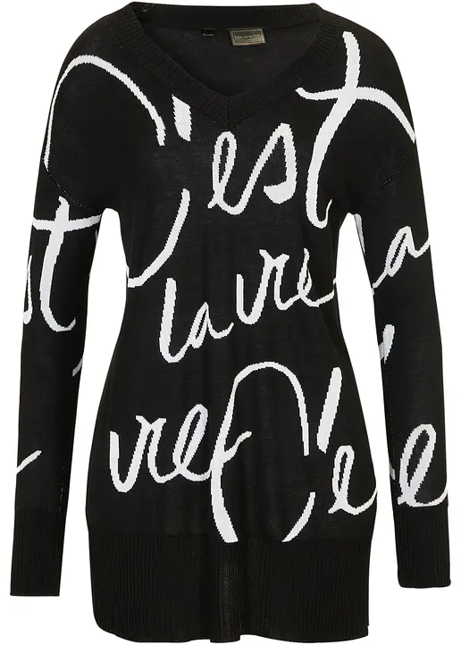 bonprix Klassischer Pullover mit modischen Schriftzug - schwarz