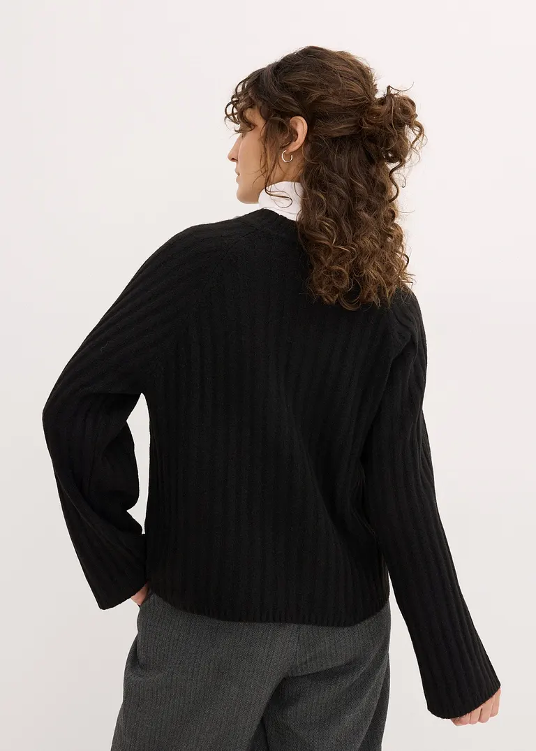 Bonprix Klassischer Ripp-Pullover Verkürzt - Schwarz - Damen