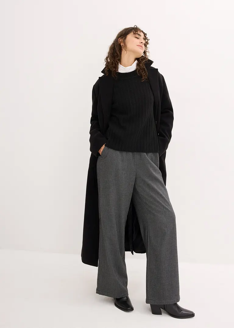 Bonprix Klassischer Ripp-Pullover Verkürzt - Schwarz - Damen