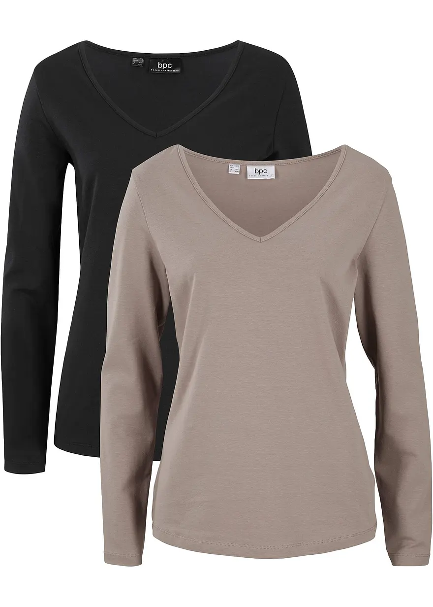 bonprix Klassisches Langarmshirt mit V-Ausschnitt 2er Pack