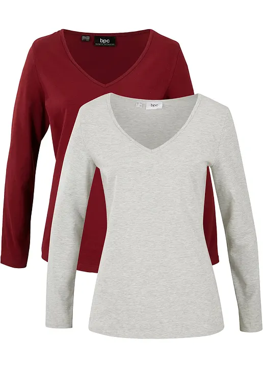 bonprix Klassisches Langarmshirt mit V-Ausschnitt 2er Pack