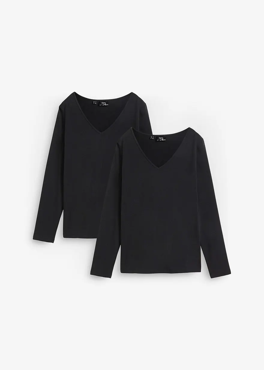 bonprix Klassisches Langarmshirt mit V-Ausschnitt 2er Pack