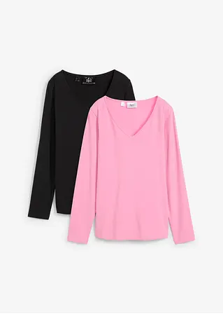 bonprix Klassisches Langarmshirt mit V-Ausschnitt 2er Pack