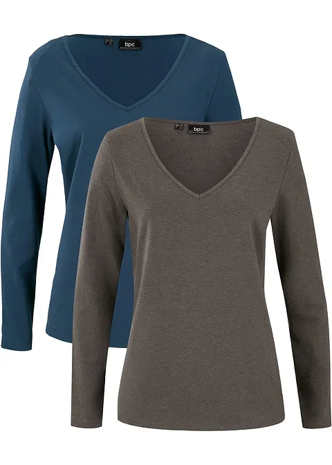 bonprix Klassisches Langarmshirt mit V-Ausschnitt 2er Pack