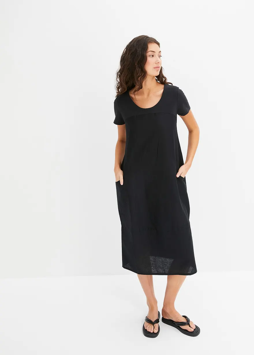 Bonprix Kleid Aus Leichtem Leinen-Mix Mit Großen Taschen - Schwarz