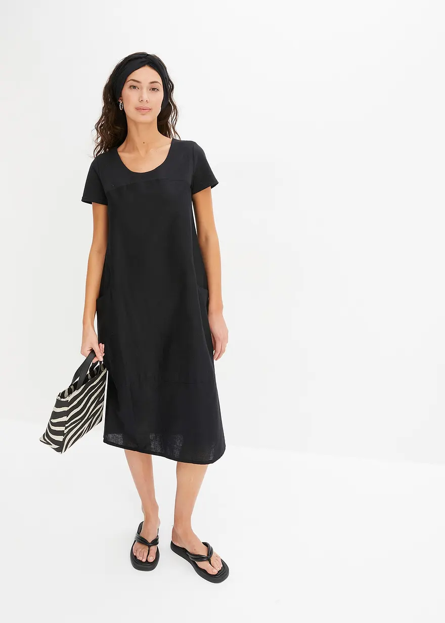 Bonprix Kleid Aus Leichtem Leinen-Mix Mit Großen Taschen - Schwarz