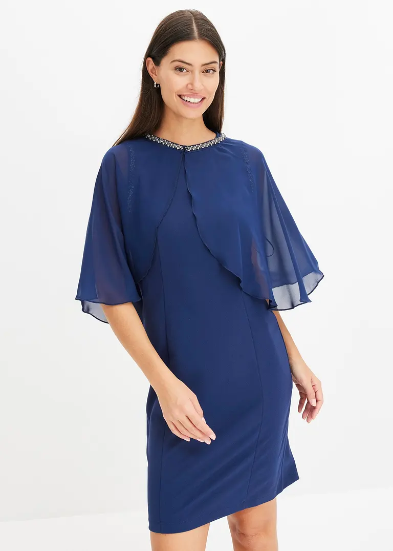 Bonprix Kleid Aus Strukturiertem Crepe Mit Strasssteinverzierungen Am Armloch Sowie Einem Abnehmbarem Cape Mit Strasssteinverzierung Am Ausschnitt