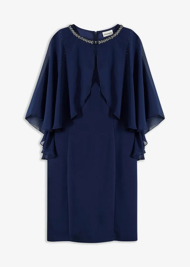 bonprix Kleid aus strukturiertem Crepe mit Strasssteinverzierungen am Armloch sowie einem abnehmbarem Cape mit Strasssteinverzierung am Ausschnitt