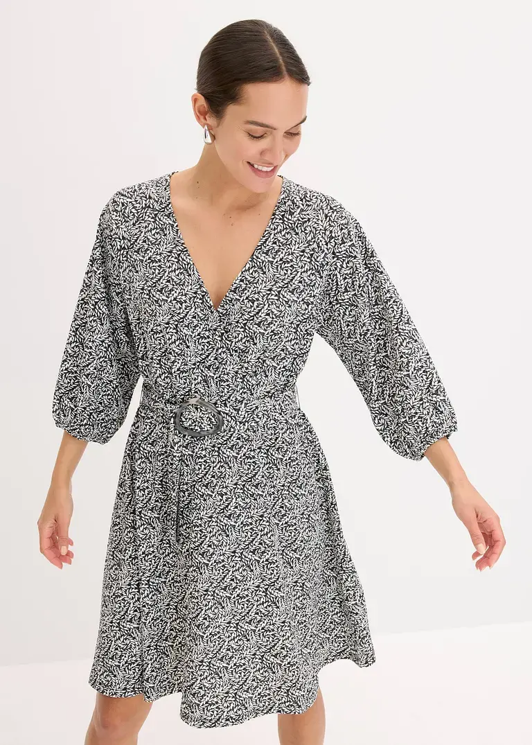 Bonprix Kleid In Wickeloptik Mit Gürtel - Schwarz - Damen