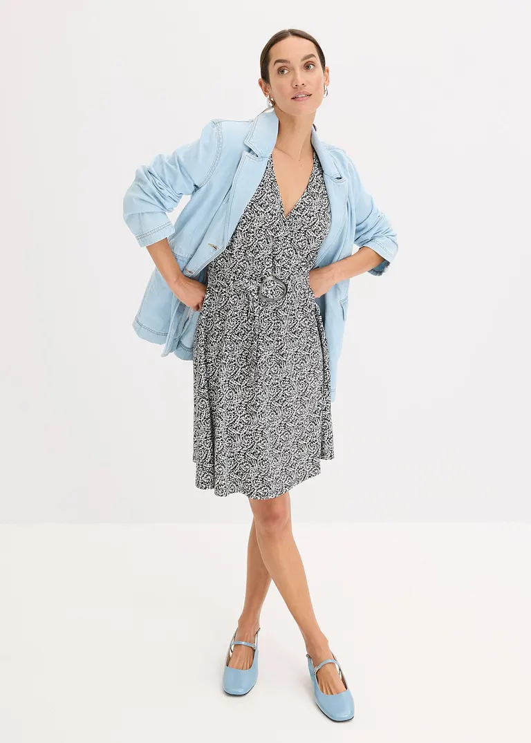 Bonprix Kleid In Wickeloptik Mit Gürtel - Schwarz - Damen