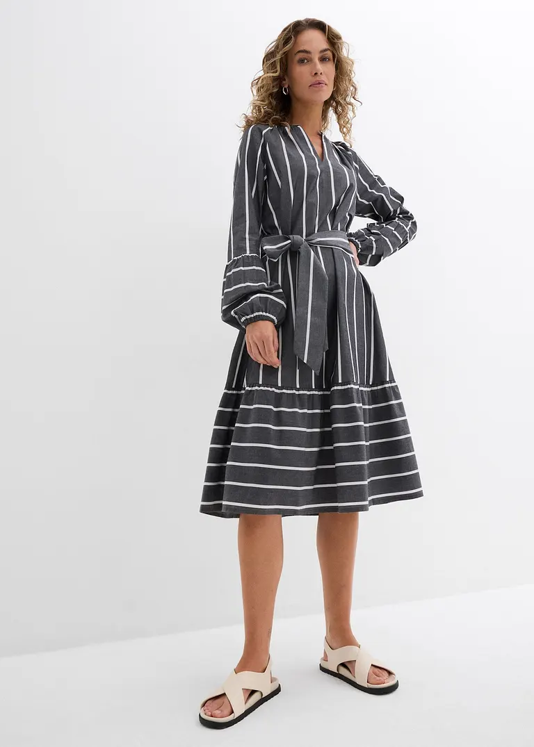 Bonprix Kleid Mit Puffärmeln Und Bindeband - Grau - Damen