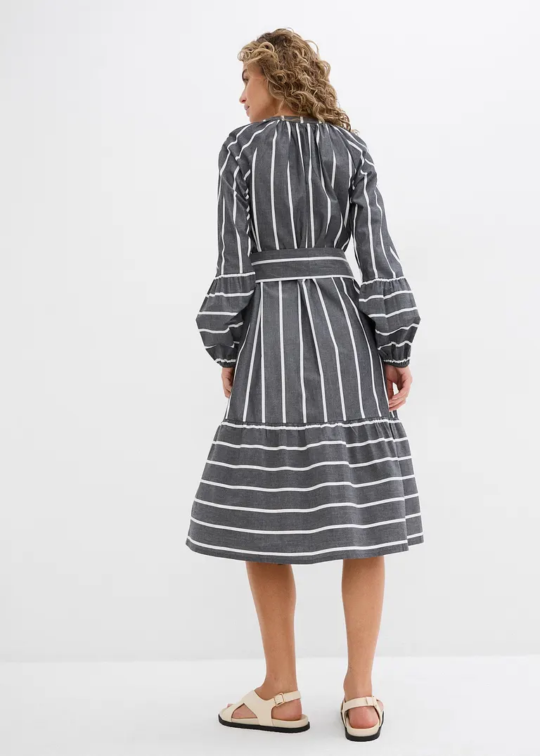 Bonprix Kleid Mit Puffärmeln Und Bindeband - Grau - Damen