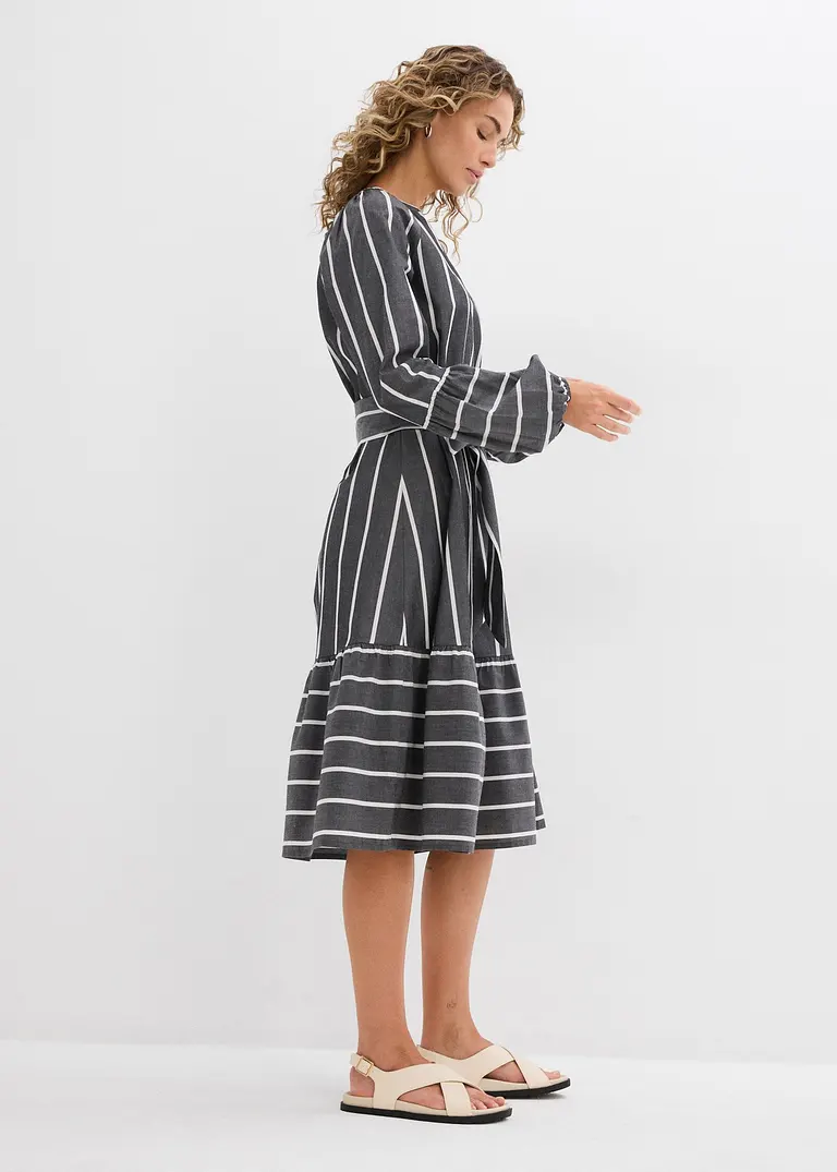 Bonprix Kleid Mit Puffärmeln Und Bindeband - Grau - Damen