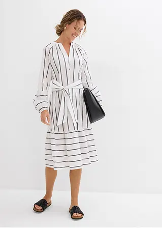 Bonprix Kleid Mit Puffärmeln Und Bindeband - Weiß - Damen