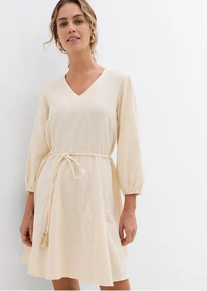 Bonprix Kleid Mit V-Ausschnitt Und Weit Schwingendem Rockteil - Beige