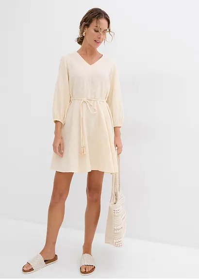 Bonprix Kleid Mit V-Ausschnitt Und Weit Schwingendem Rockteil - Beige
