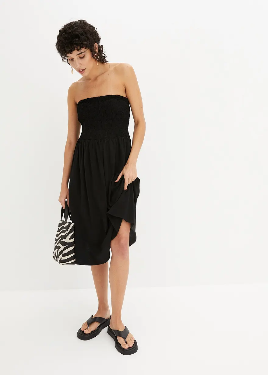 Bonprix Knieumspielendes Kleid Mit Süßen Smockdetails - Schwarz