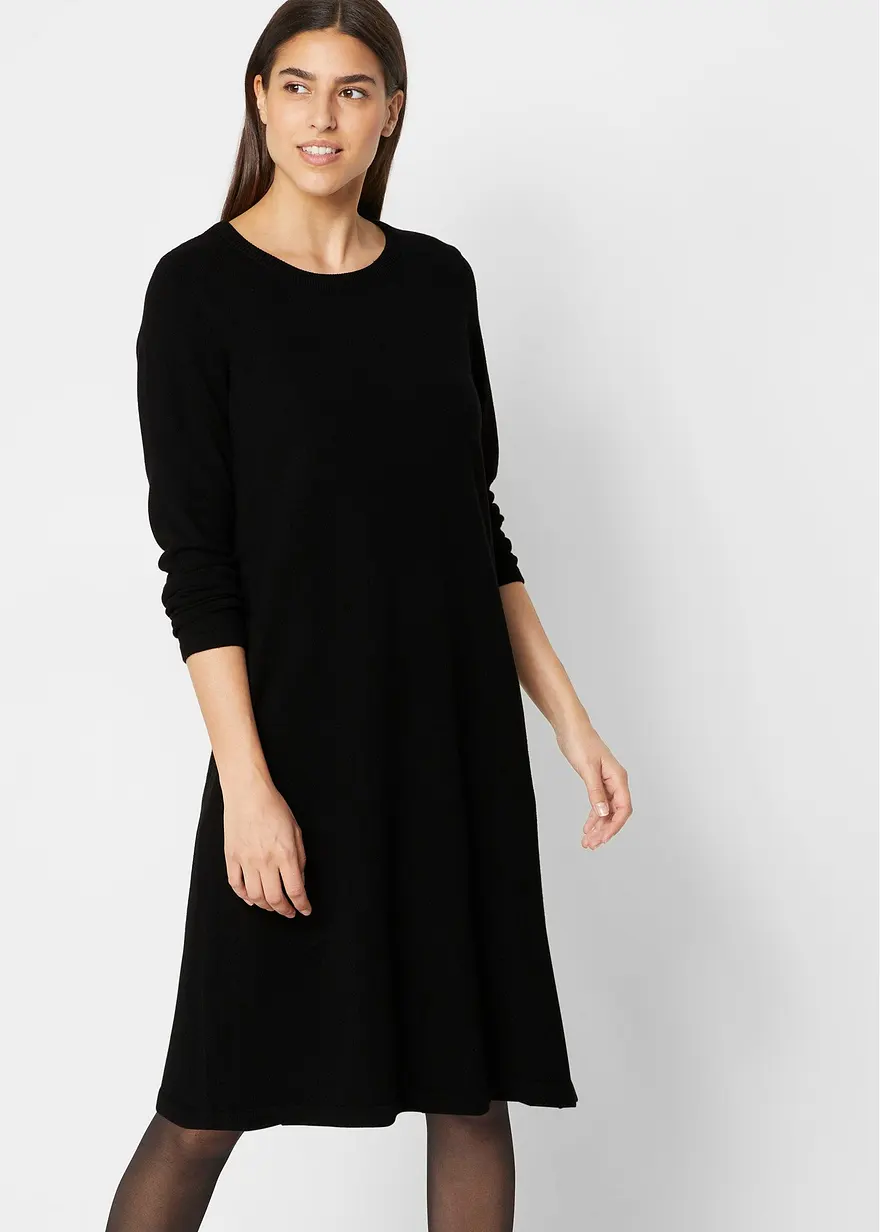 Bonprix Knieumspielendes Langarmkleid Mit Rundhals-Ausschnitt - Schwarz