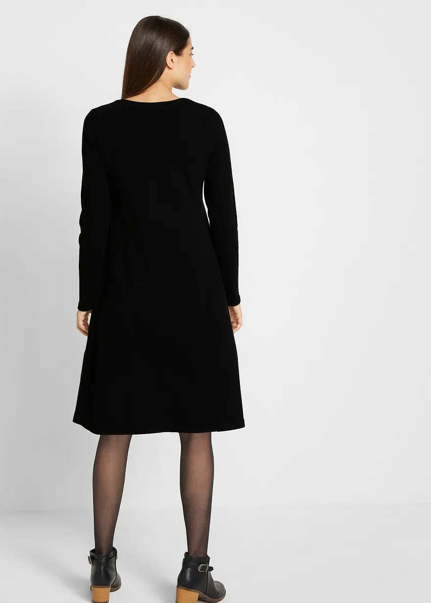 Bonprix Knieumspielendes Langarmkleid Mit Rundhals-Ausschnitt - Schwarz