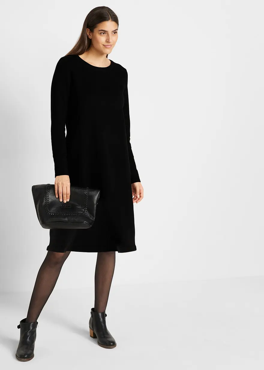 Bonprix Knieumspielendes Langarmkleid Mit Rundhals-Ausschnitt - Schwarz