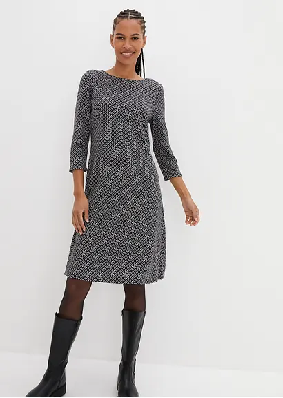 Bonprix Knieumspielendes Punto Di Roma Kleid Mit Jaquardmuster - Schwarz