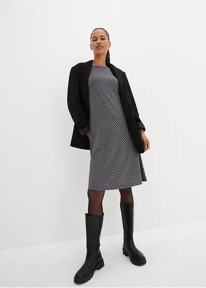 Bonprix Knieumspielendes Punto Di Roma Kleid Mit Jaquardmuster - Schwarz
