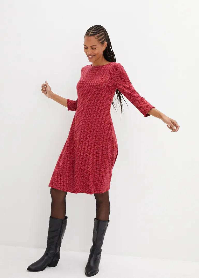 Bonprix Knieumspielendes Punto Di Roma Kleid Mit Jaquardmuster - Rot