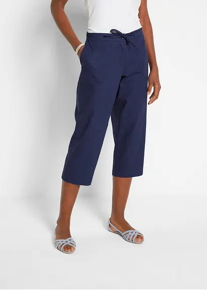 Bonprix Komfortable 3/4-Leinenhose Mit Bindeband Und Taschen - Blau