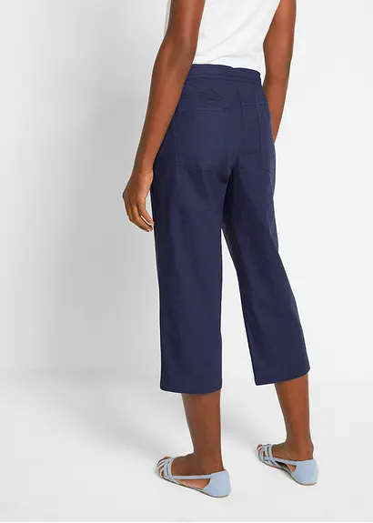 Bonprix Komfortable 3/4-Leinenhose Mit Bindeband Und Taschen - Blau