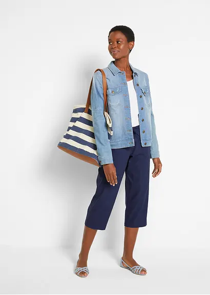 Bonprix Komfortable 3/4-Leinenhose Mit Bindeband Und Taschen - Blau
