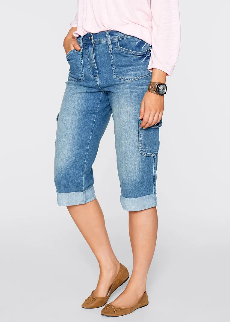 Bonprix Komfortable Cargo-Stretch-Jeans Mit Teilgummibund - Blau - Damen
