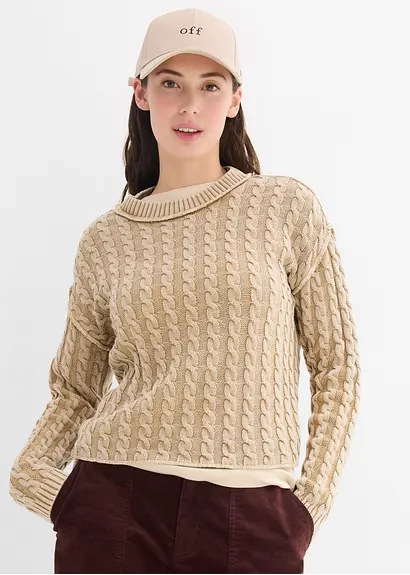 Bonprix Kurz Geschnittener Strickpullover Aus Reiner Baumwolle Mit Zopfmuster Im Washed-Look