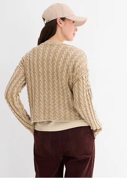 Bonprix Kurz Geschnittener Strickpullover Aus Reiner Baumwolle Mit Zopfmuster Im Washed-Look